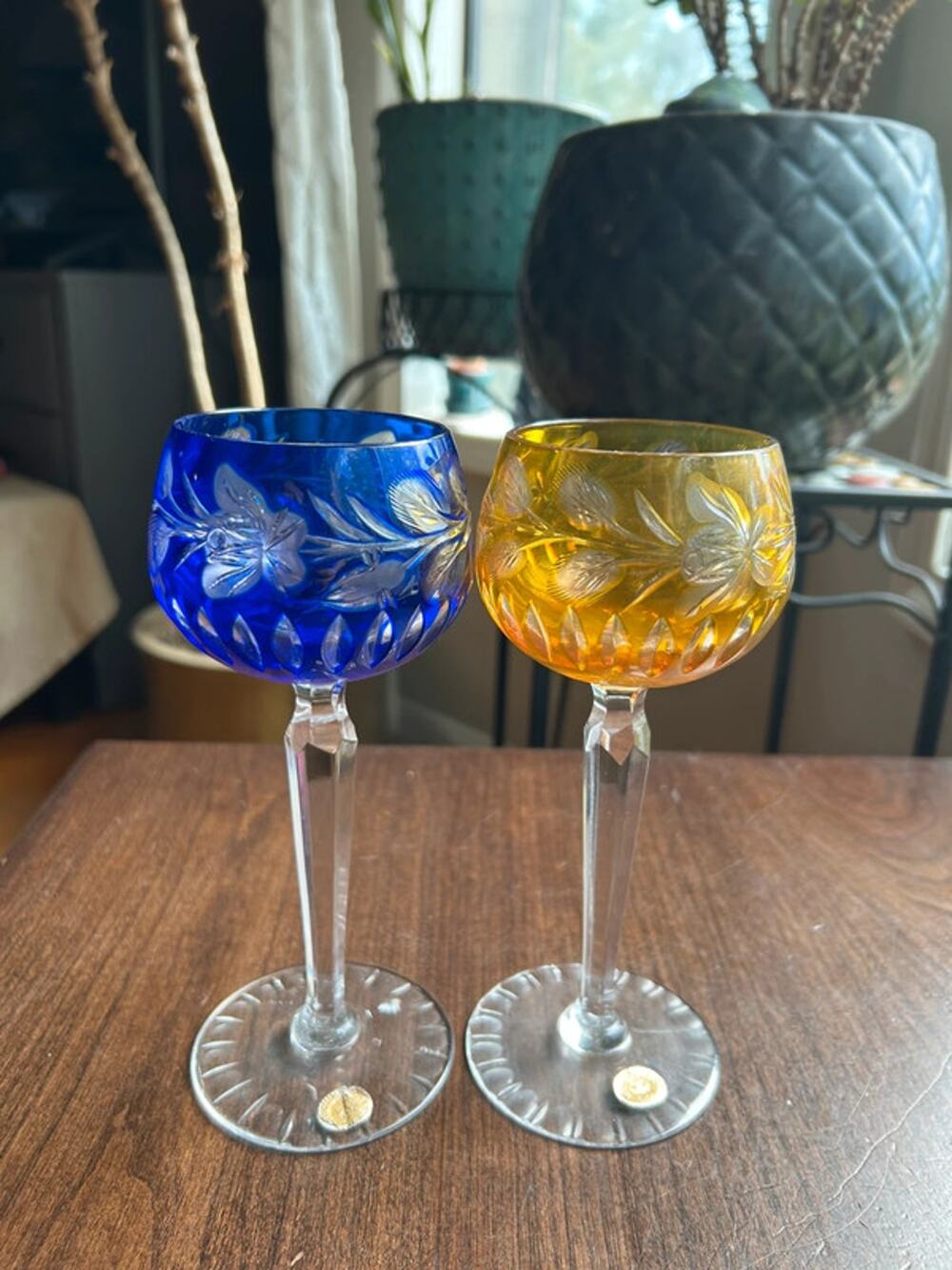 German Crystal Stemware golden yellow & blue Wine Glasses - Set of 2